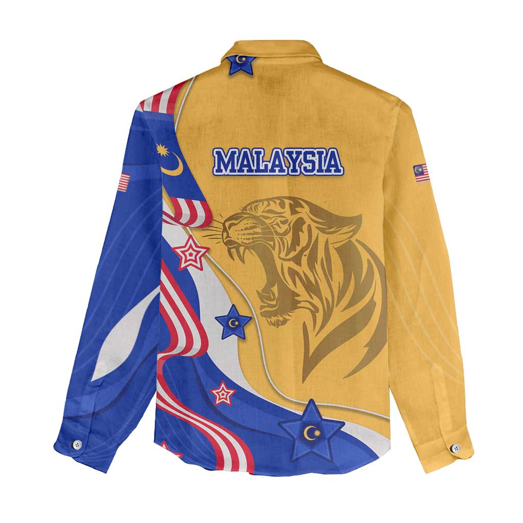 Malaysian Tiger and National Flag Women Casual Shirt with Royal Gold and Blue Design