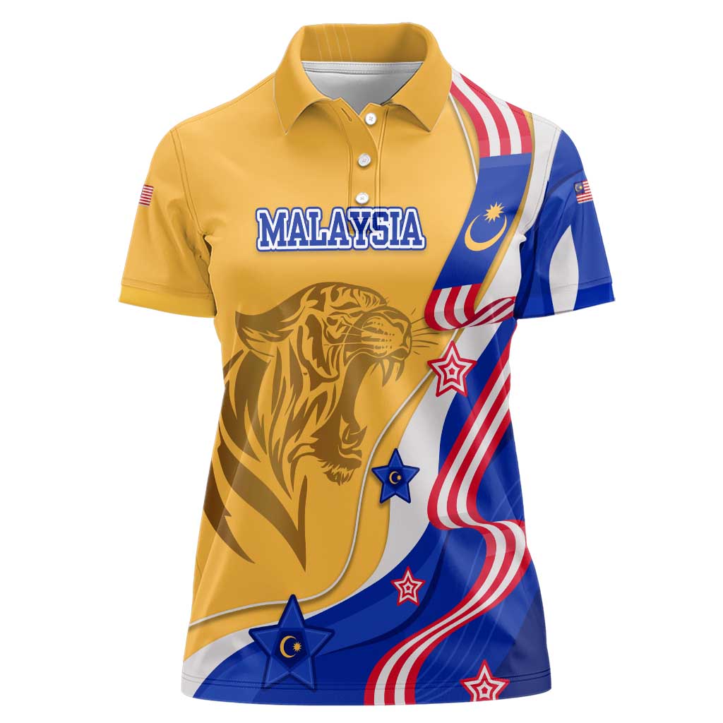 Malaysian Tiger and National Flag Women Polo Shirt with Royal Gold and Blue Design