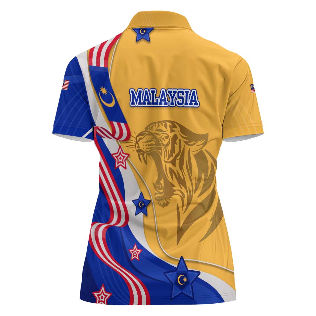 Malaysian Tiger and National Flag Women Polo Shirt with Royal Gold and Blue Design