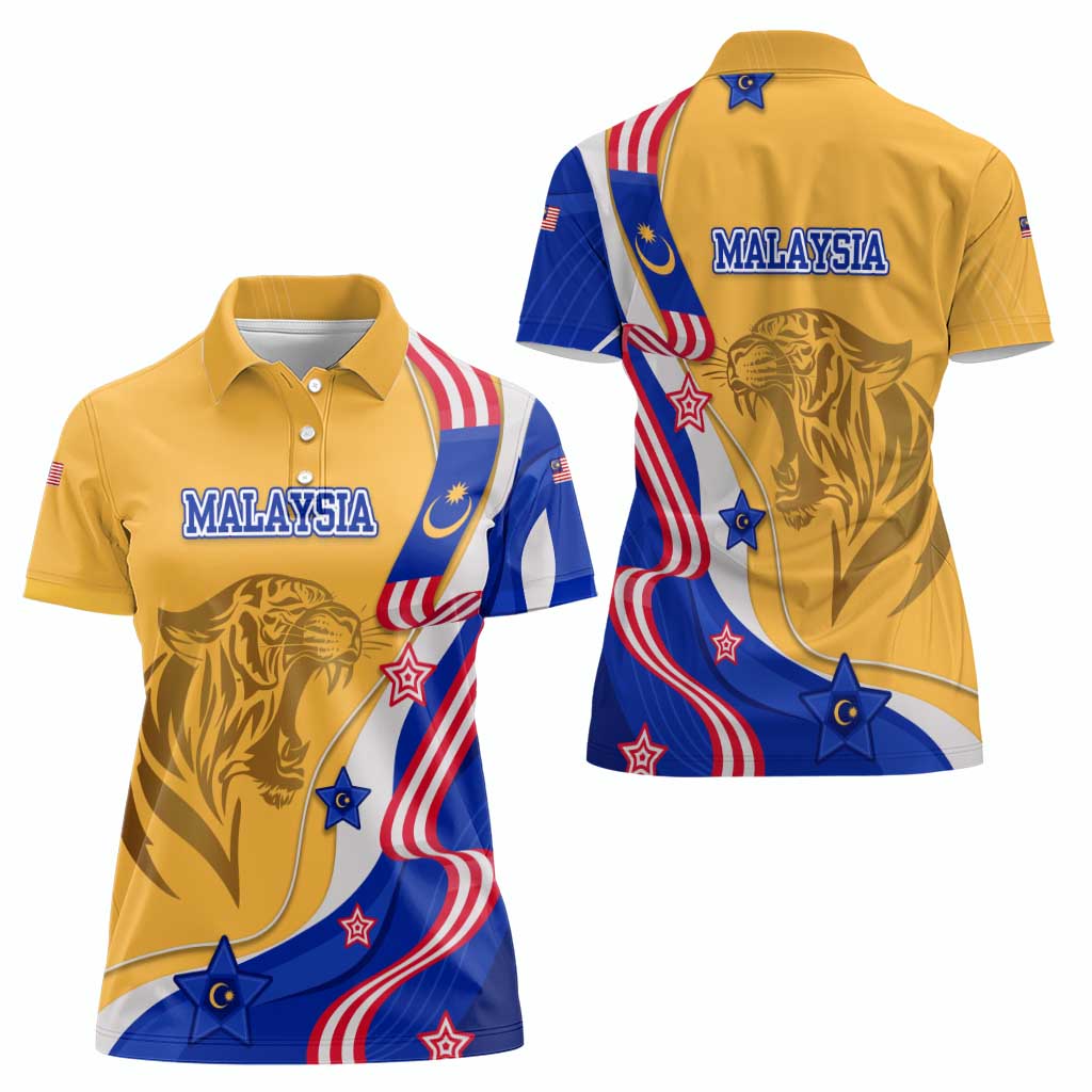 Malaysian Tiger and National Flag Women Polo Shirt with Royal Gold and Blue Design
