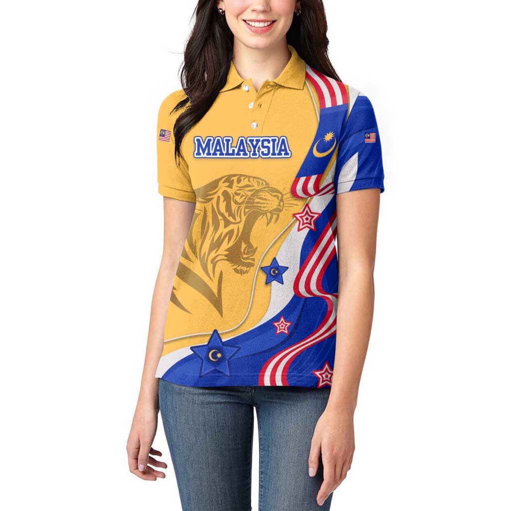 Malaysian Tiger and National Flag Women Polo Shirt with Royal Gold and Blue Design