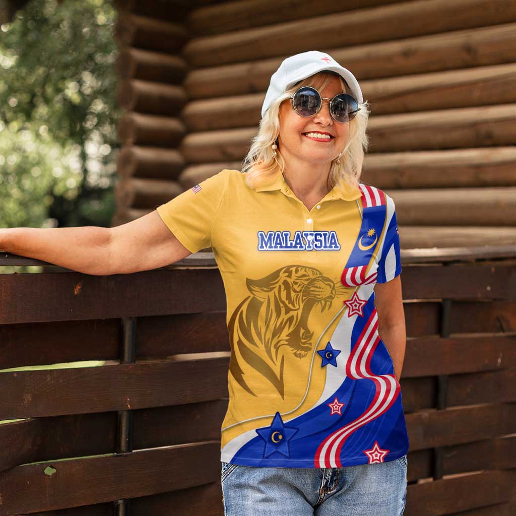 Malaysian Tiger and National Flag Women Polo Shirt with Royal Gold and Blue Design