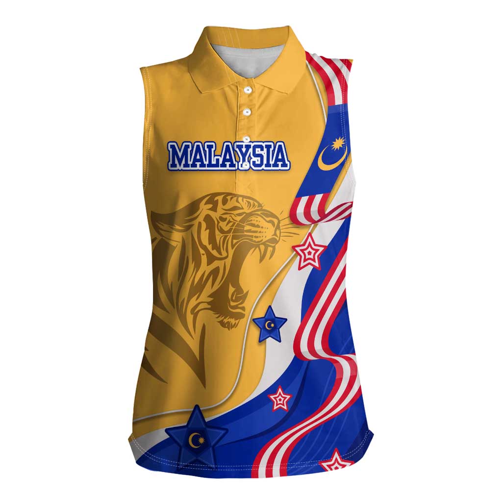 Malaysian Tiger and National Flag Women Sleeveless Polo Shirt with Royal Gold and Blue Design