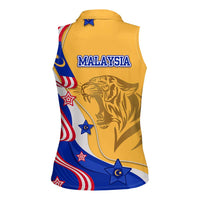 Malaysian Tiger and National Flag Women Sleeveless Polo Shirt with Royal Gold and Blue Design