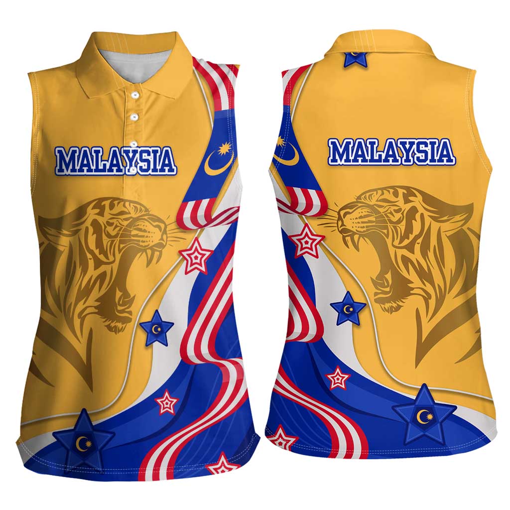Malaysian Tiger and National Flag Women Sleeveless Polo Shirt with Royal Gold and Blue Design