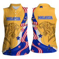 Malaysian Tiger and National Flag Women Sleeveless Polo Shirt with Royal Gold and Blue Design