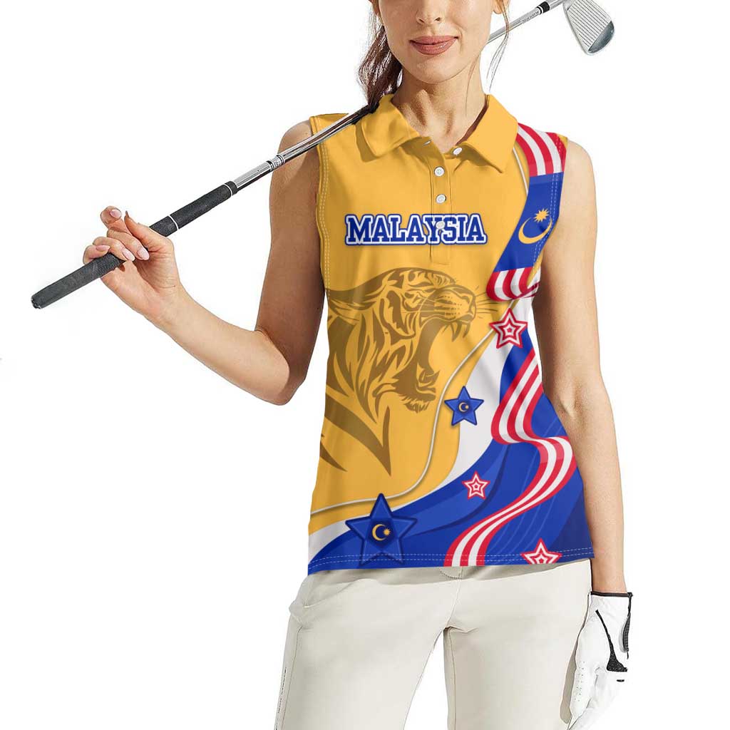 Malaysian Tiger and National Flag Women Sleeveless Polo Shirt with Royal Gold and Blue Design