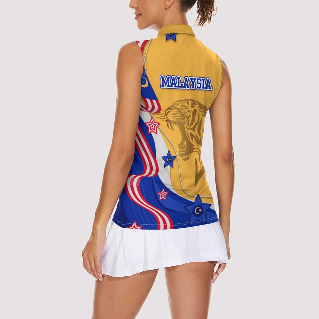 Malaysian Tiger and National Flag Women Sleeveless Polo Shirt with Royal Gold and Blue Design