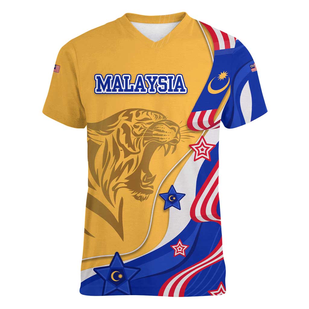 Malaysian Tiger and National Flag Women V-Neck T-Shirt with Royal Gold and Blue Design