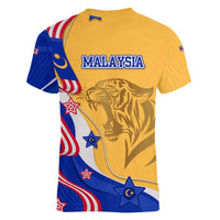 Malaysian Tiger and National Flag Women V-Neck T-Shirt with Royal Gold and Blue Design