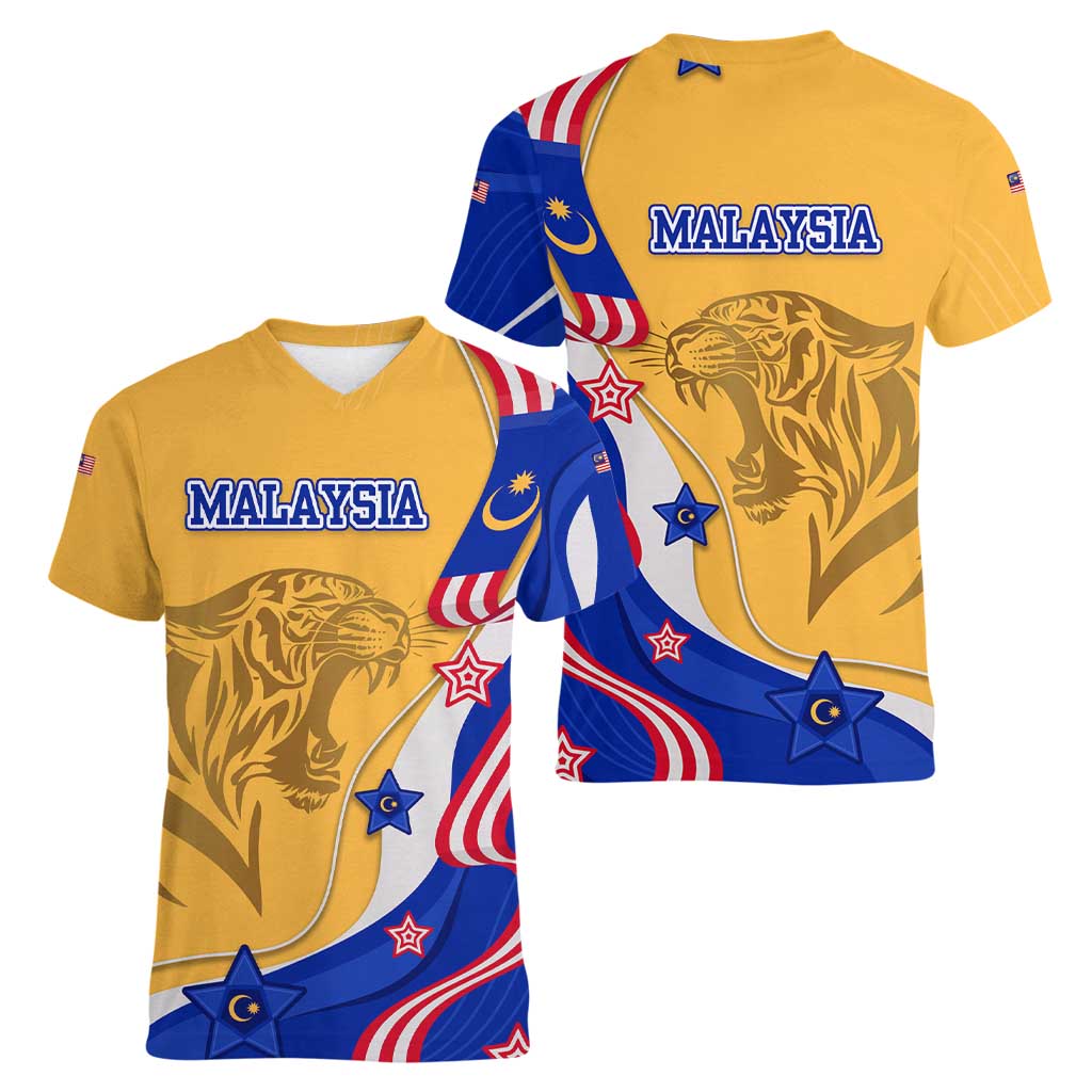 Malaysian Tiger and National Flag Women V-Neck T-Shirt with Royal Gold and Blue Design