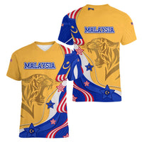 Malaysian Tiger and National Flag Women V-Neck T-Shirt with Royal Gold and Blue Design