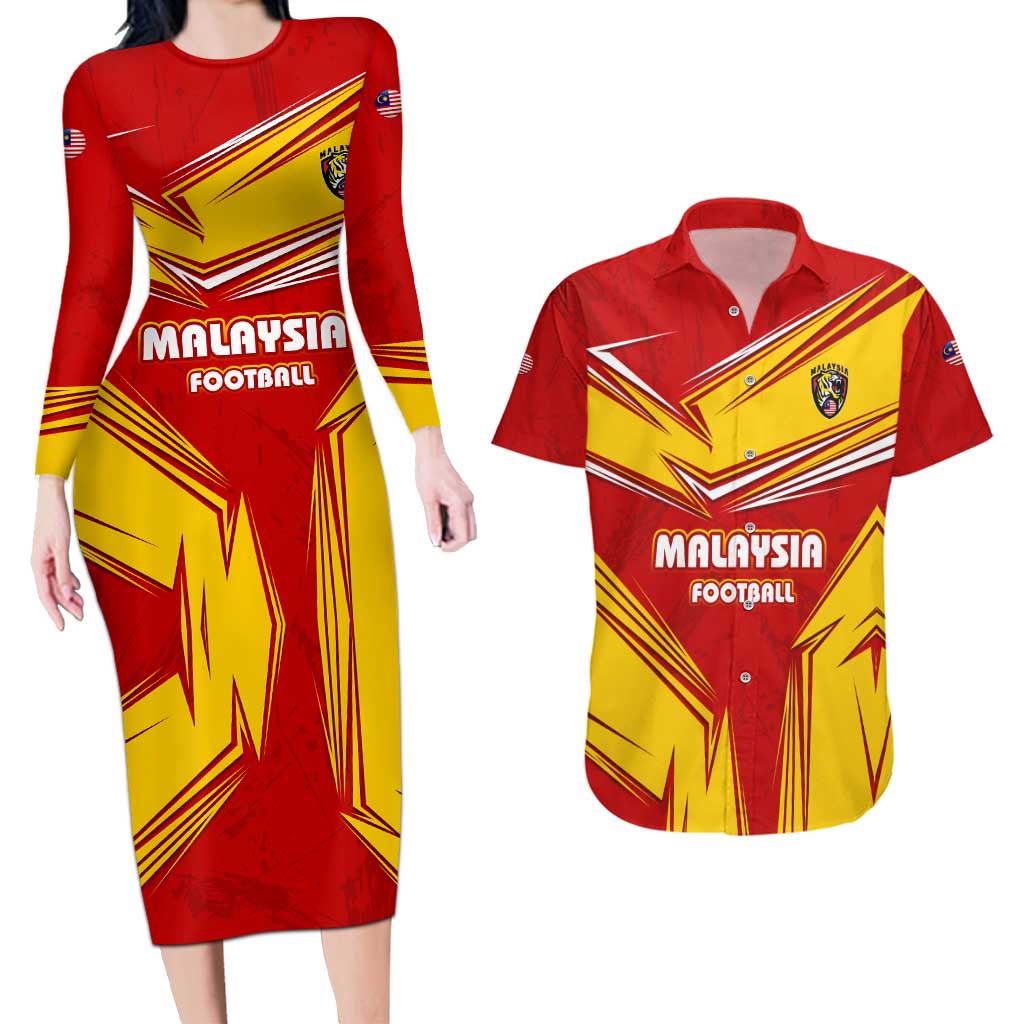 Malaysia Football Couples Matching Long Sleeve Bodycon Dress and Hawaiian Shirt with Roaring Tiger and Red Yellow National Colors