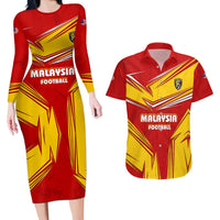 Malaysia Football Couples Matching Long Sleeve Bodycon Dress and Hawaiian Shirt with Roaring Tiger and Red Yellow National Colors