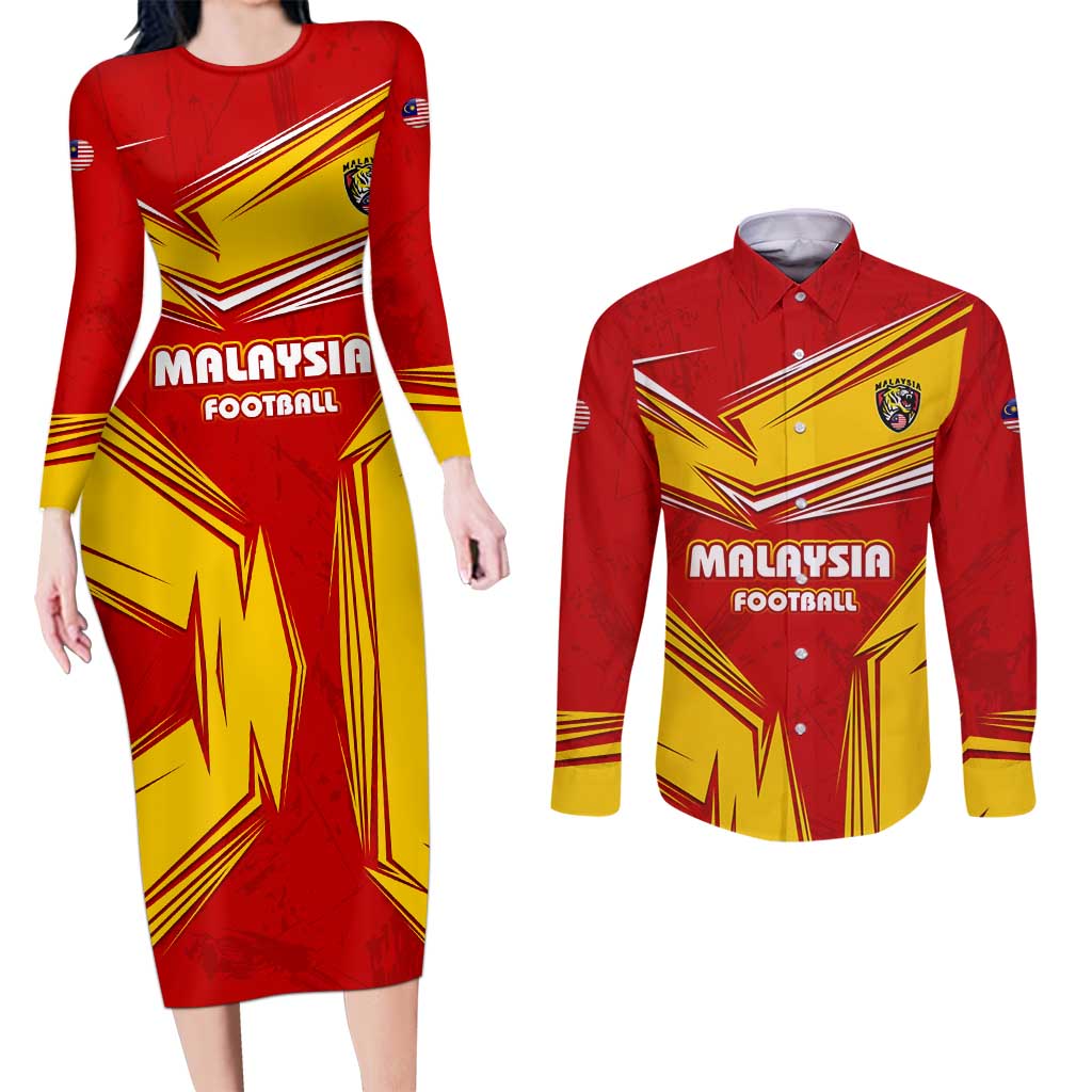 Malaysia Football Couples Matching Long Sleeve Bodycon Dress and Long Sleeve Button Shirt with Roaring Tiger and Red Yellow National Colors