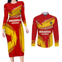Malaysia Football Couples Matching Long Sleeve Bodycon Dress and Long Sleeve Button Shirt with Roaring Tiger and Red Yellow National Colors