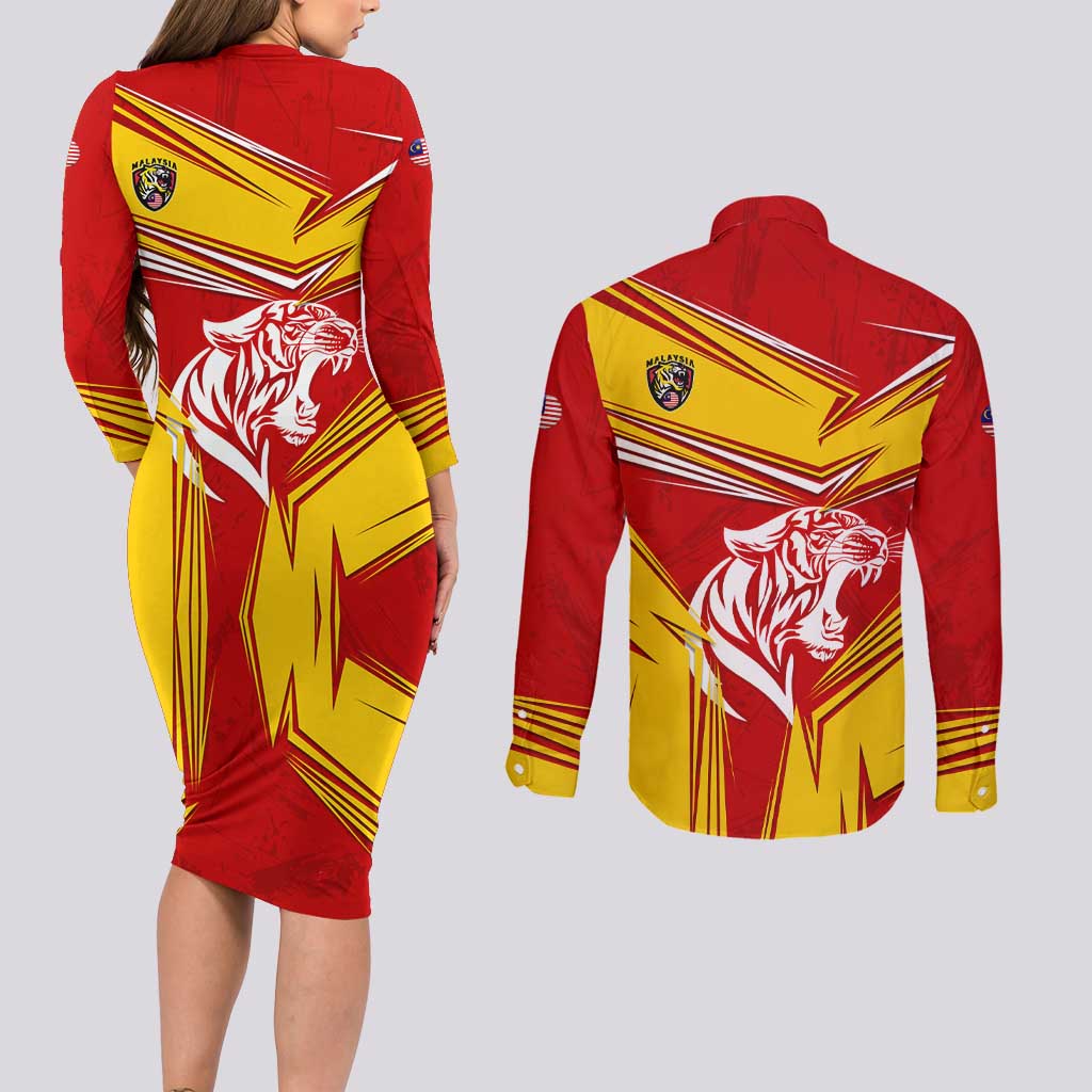 Malaysia Football Couples Matching Long Sleeve Bodycon Dress and Long Sleeve Button Shirt with Roaring Tiger and Red Yellow National Colors