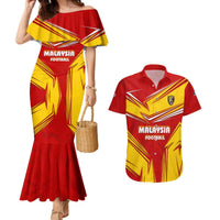 Malaysia Football Couples Matching Mermaid Dress and Hawaiian Shirt with Roaring Tiger and Red Yellow National Colors