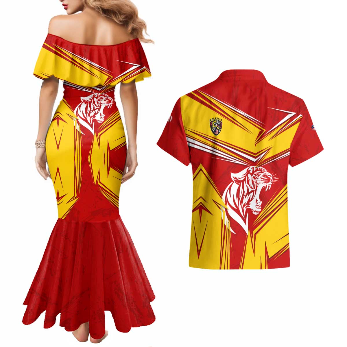 Malaysia Football Couples Matching Mermaid Dress and Hawaiian Shirt with Roaring Tiger and Red Yellow National Colors