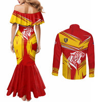 Malaysia Football Couples Matching Mermaid Dress and Long Sleeve Button Shirt with Roaring Tiger and Red Yellow National Colors
