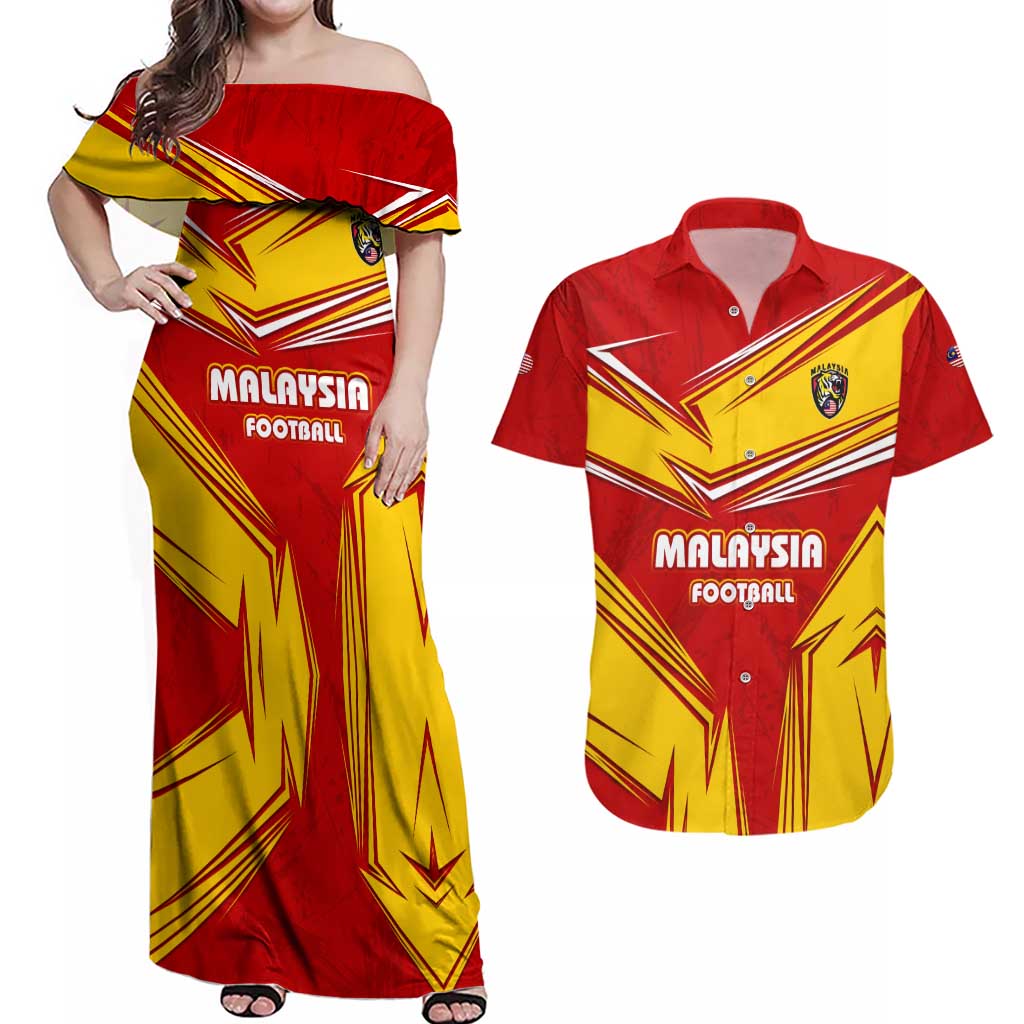 Malaysia Football Couples Matching Off Shoulder Maxi Dress and Hawaiian Shirt with Roaring Tiger and Red Yellow National Colors