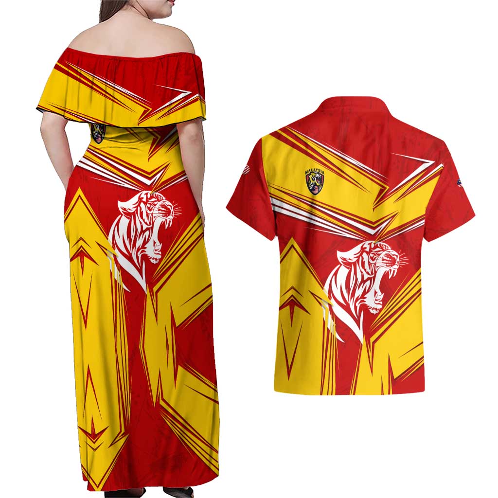 Malaysia Football Couples Matching Off Shoulder Maxi Dress and Hawaiian Shirt with Roaring Tiger and Red Yellow National Colors