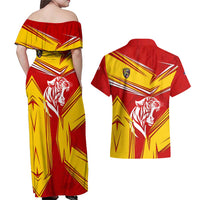 Malaysia Football Couples Matching Off Shoulder Maxi Dress and Hawaiian Shirt with Roaring Tiger and Red Yellow National Colors