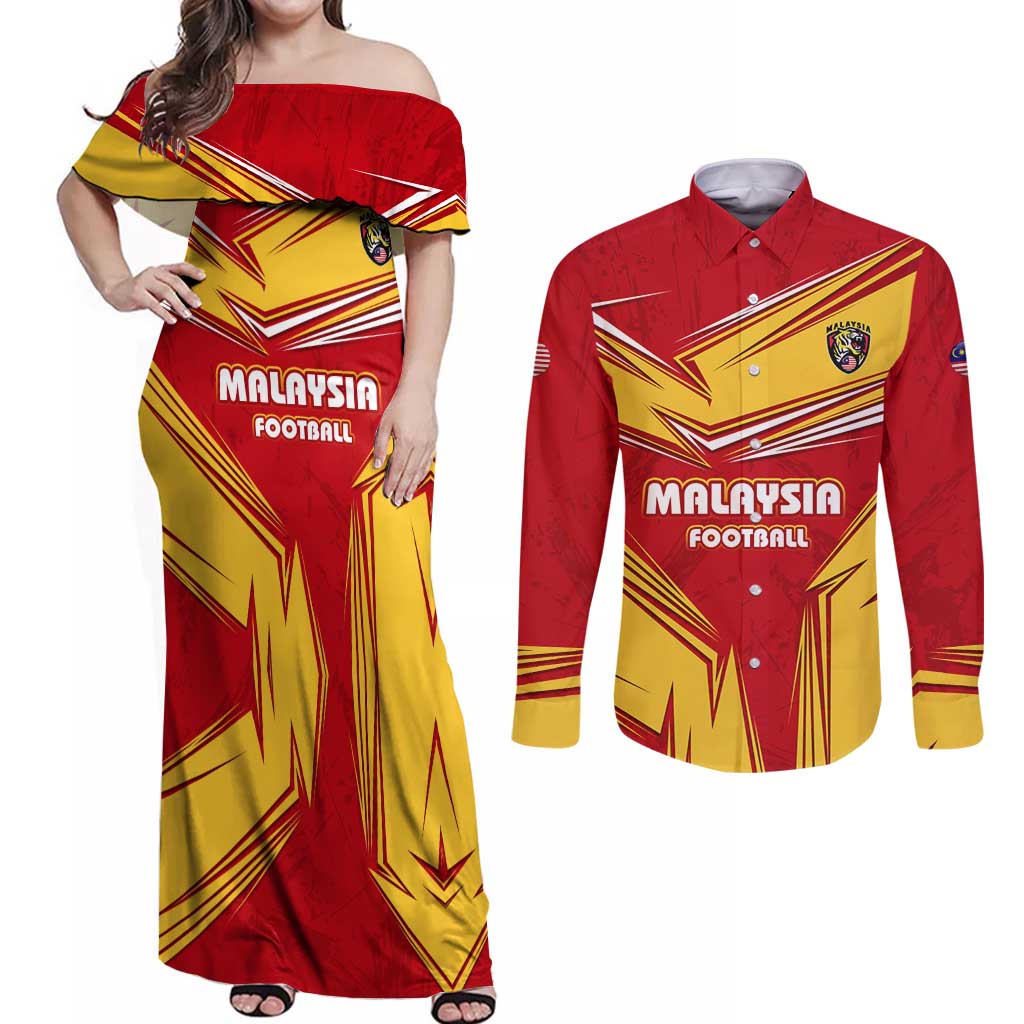 Malaysia Football Couples Matching Off Shoulder Maxi Dress and Long Sleeve Button Shirt with Roaring Tiger and Red Yellow National Colors