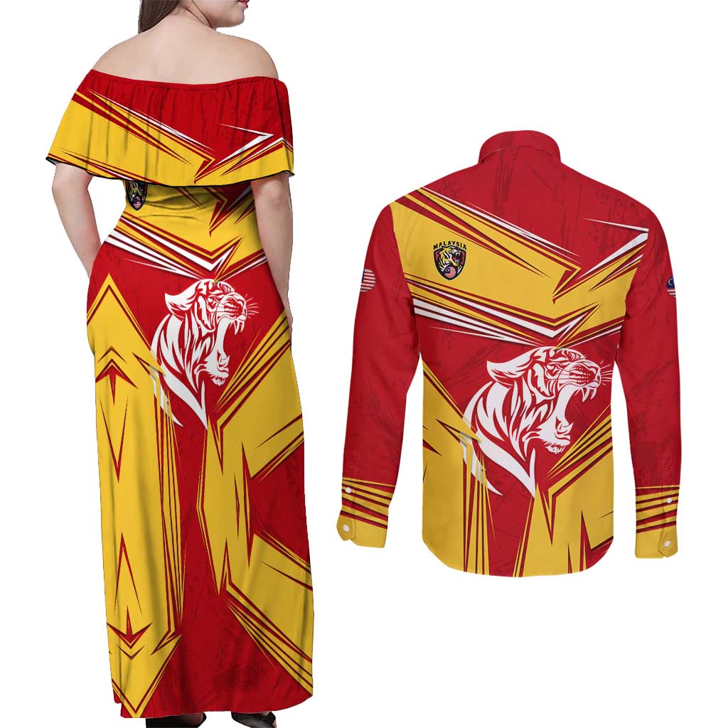 Malaysia Football Couples Matching Off Shoulder Maxi Dress and Long Sleeve Button Shirt with Roaring Tiger and Red Yellow National Colors