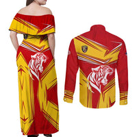 Malaysia Football Couples Matching Off Shoulder Maxi Dress and Long Sleeve Button Shirt with Roaring Tiger and Red Yellow National Colors