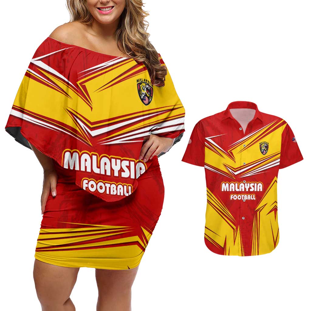 Malaysia Football Couples Matching Off Shoulder Short Dress and Hawaiian Shirt with Roaring Tiger and Red Yellow National Colors