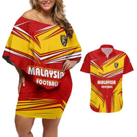 Malaysia Football Couples Matching Off Shoulder Short Dress and Hawaiian Shirt with Roaring Tiger and Red Yellow National Colors