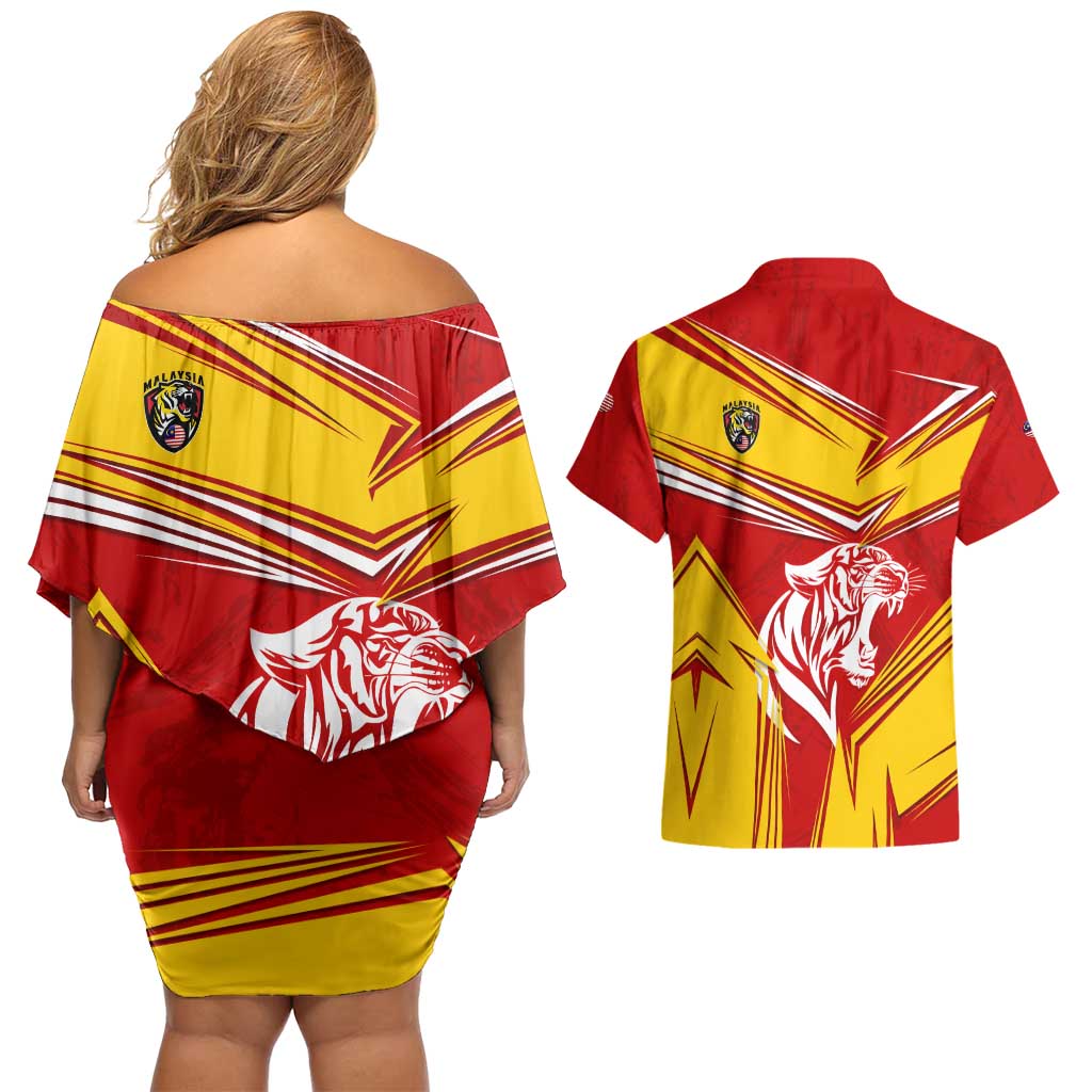Malaysia Football Couples Matching Off Shoulder Short Dress and Hawaiian Shirt with Roaring Tiger and Red Yellow National Colors