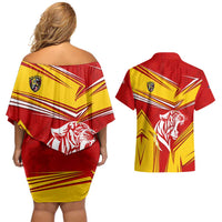 Malaysia Football Couples Matching Off Shoulder Short Dress and Hawaiian Shirt with Roaring Tiger and Red Yellow National Colors