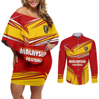 Malaysia Football Couples Matching Off Shoulder Short Dress and Long Sleeve Button Shirt with Roaring Tiger and Red Yellow National Colors