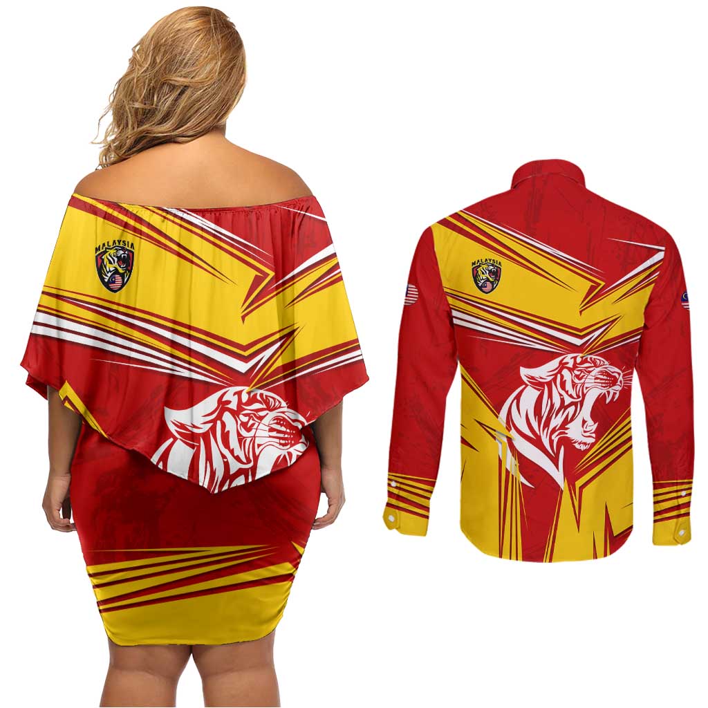 Malaysia Football Couples Matching Off Shoulder Short Dress and Long Sleeve Button Shirt with Roaring Tiger and Red Yellow National Colors