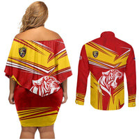 Malaysia Football Couples Matching Off Shoulder Short Dress and Long Sleeve Button Shirt with Roaring Tiger and Red Yellow National Colors