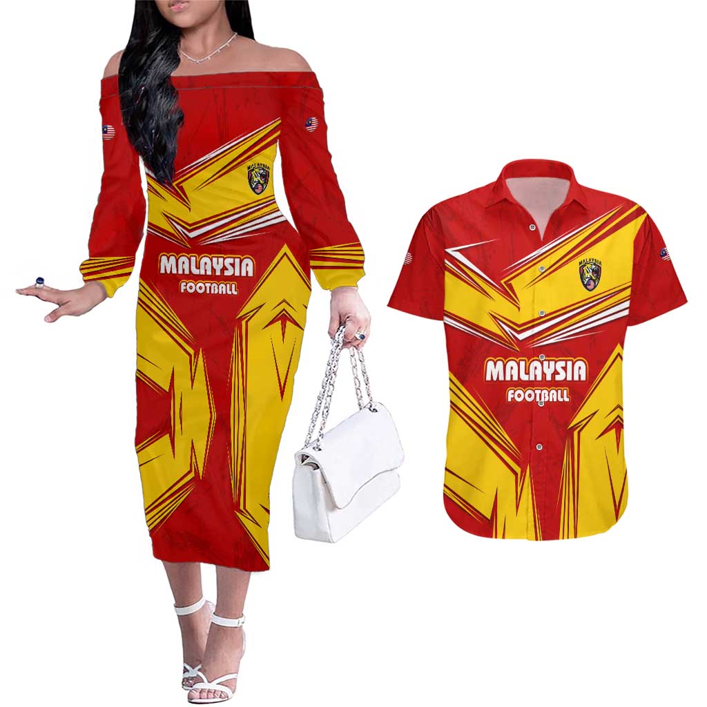 Malaysia Football Couples Matching Off The Shoulder Long Sleeve Dress and Hawaiian Shirt with Roaring Tiger and Red Yellow National Colors
