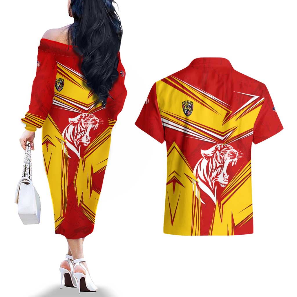 Malaysia Football Couples Matching Off The Shoulder Long Sleeve Dress and Hawaiian Shirt with Roaring Tiger and Red Yellow National Colors