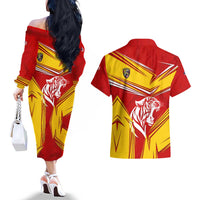 Malaysia Football Couples Matching Off The Shoulder Long Sleeve Dress and Hawaiian Shirt with Roaring Tiger and Red Yellow National Colors