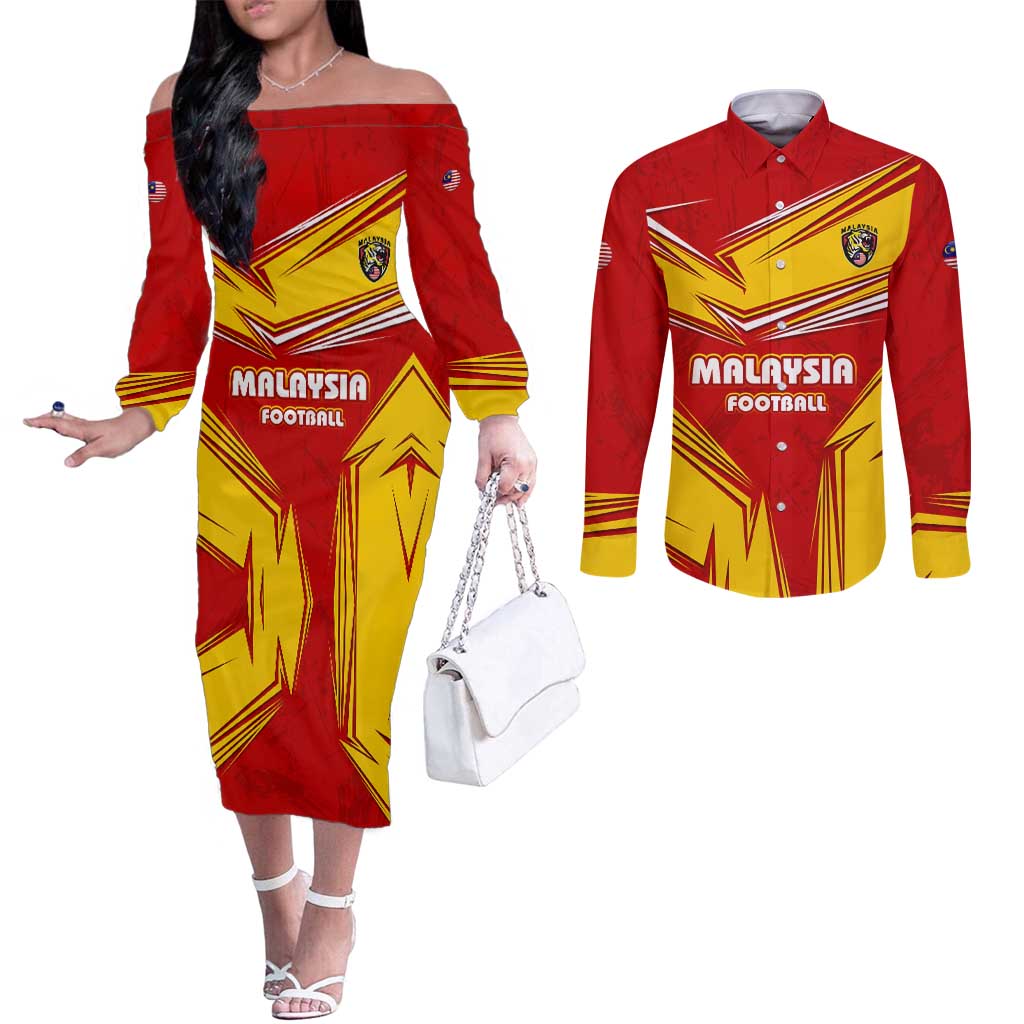 Malaysia Football Couples Matching Off The Shoulder Long Sleeve Dress and Long Sleeve Button Shirt with Roaring Tiger and Red Yellow National Colors