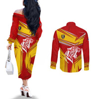 Malaysia Football Couples Matching Off The Shoulder Long Sleeve Dress and Long Sleeve Button Shirt with Roaring Tiger and Red Yellow National Colors