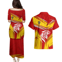 Malaysia Football Couples Matching Puletasi and Hawaiian Shirt with Roaring Tiger and Red Yellow National Colors