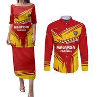 Malaysia Football Couples Matching Puletasi and Long Sleeve Button Shirt with Roaring Tiger and Red Yellow National Colors