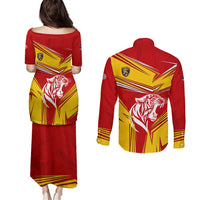 Malaysia Football Couples Matching Puletasi and Long Sleeve Button Shirt with Roaring Tiger and Red Yellow National Colors