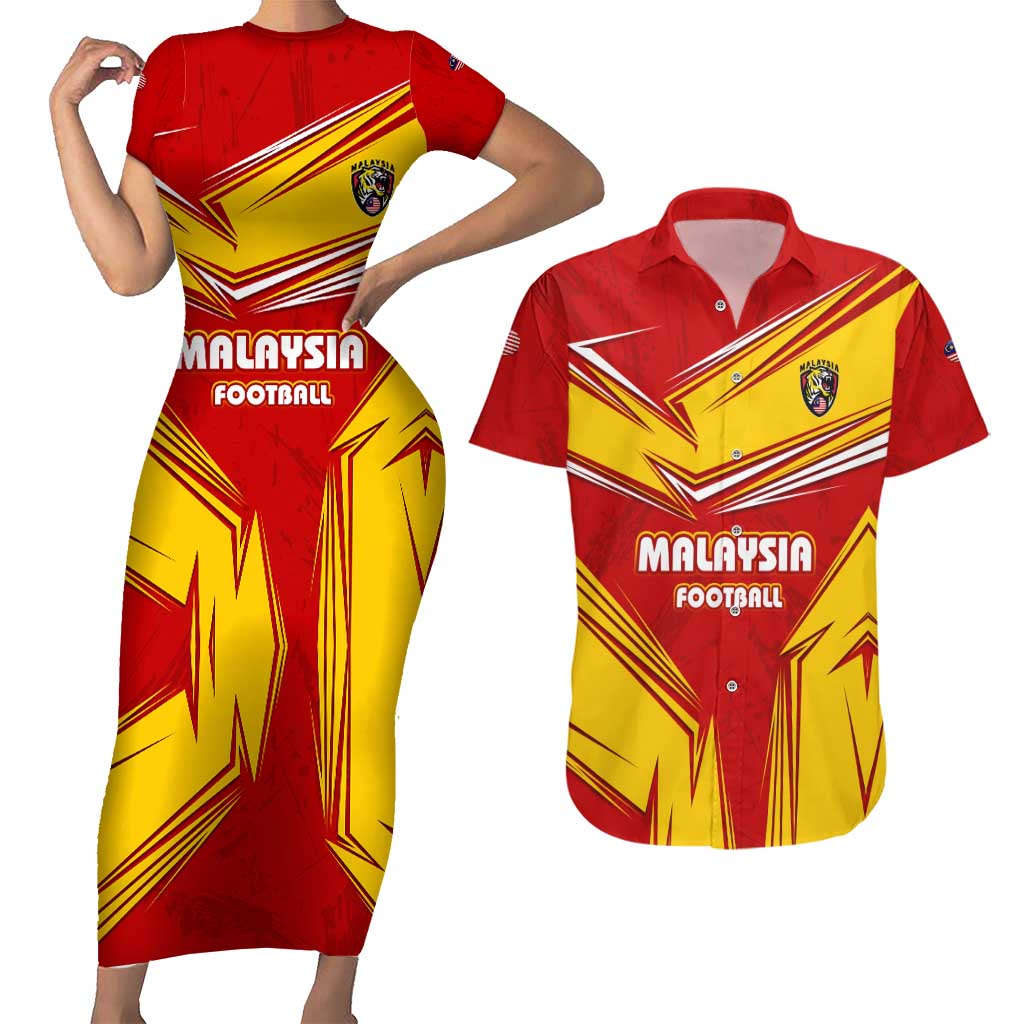 Malaysia Football Couples Matching Short Sleeve Bodycon Dress and Hawaiian Shirt with Roaring Tiger and Red Yellow National Colors