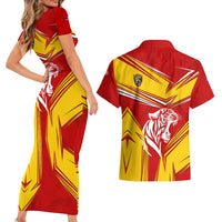 Malaysia Football Couples Matching Short Sleeve Bodycon Dress and Hawaiian Shirt with Roaring Tiger and Red Yellow National Colors