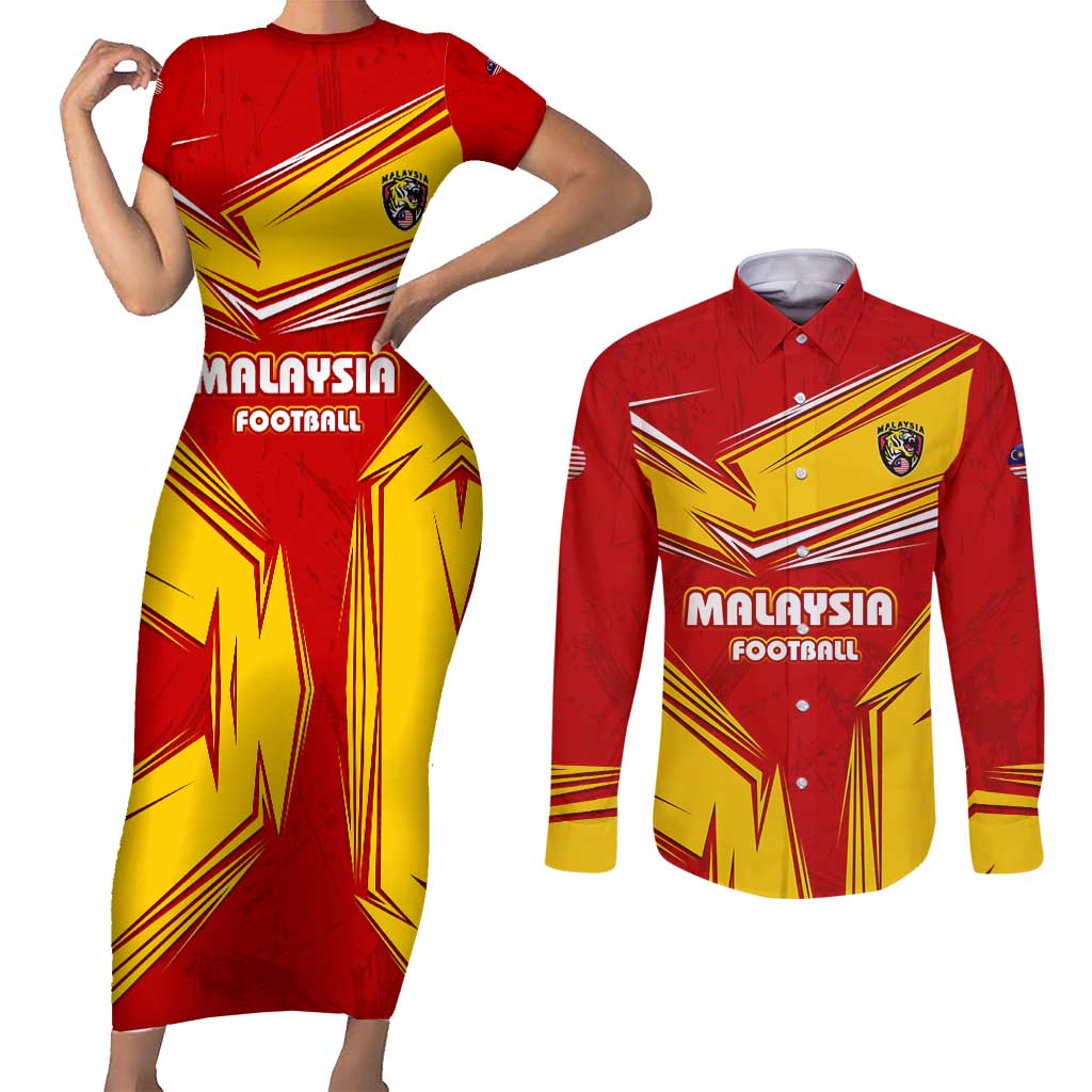 Malaysia Football Couples Matching Short Sleeve Bodycon Dress and Long Sleeve Button Shirt with Roaring Tiger and Red Yellow National Colors