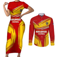 Malaysia Football Couples Matching Short Sleeve Bodycon Dress and Long Sleeve Button Shirt with Roaring Tiger and Red Yellow National Colors