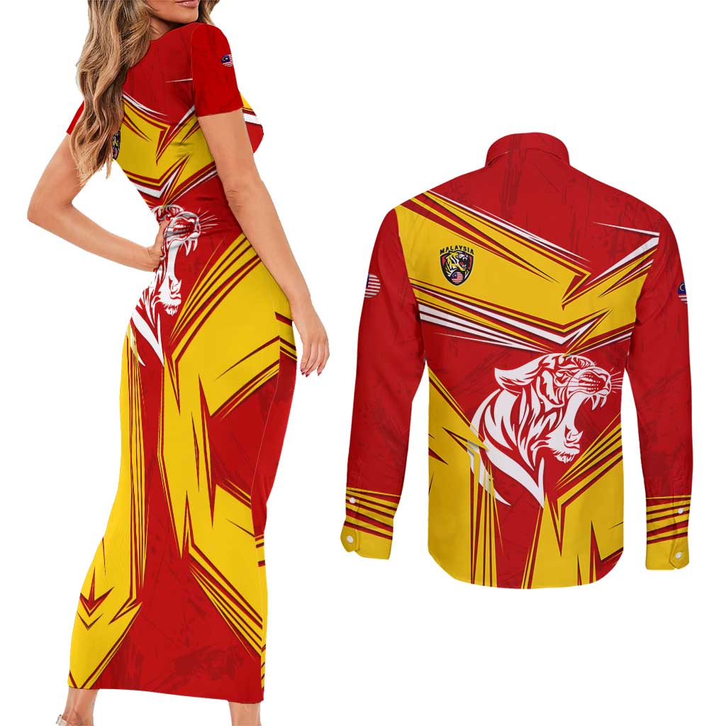 Malaysia Football Couples Matching Short Sleeve Bodycon Dress and Long Sleeve Button Shirt with Roaring Tiger and Red Yellow National Colors
